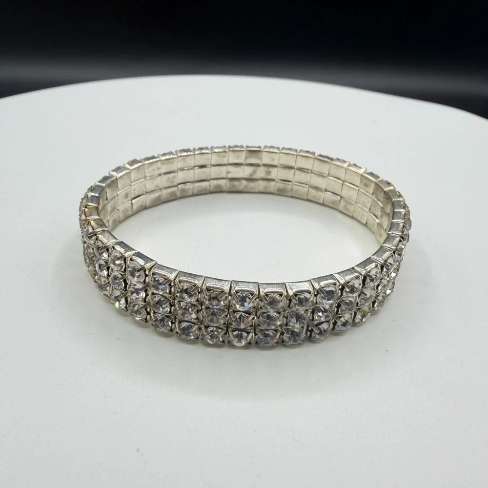 3 Row Clear Rhinestone Stretch Bracelet Silver Tone Sparkle Statement Jewelry